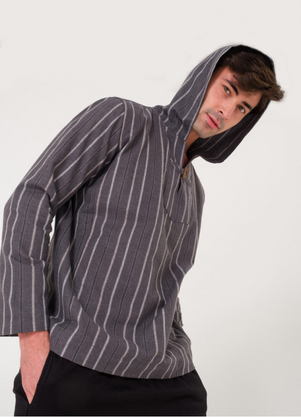 Shepherd Button Detailed Hooded Gray Striped Men's Shirt